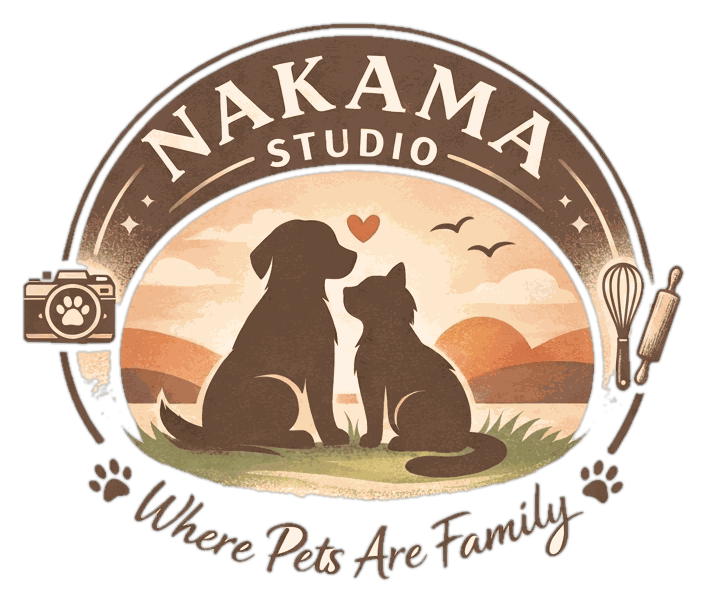 Nakama Studio logo — a dog and cat at sunset, with the motto Where Pets Are Family